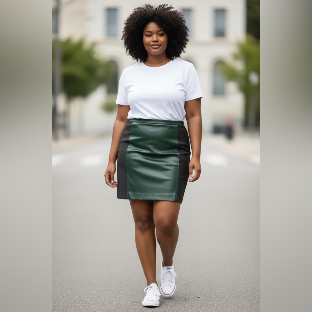 Ann Taylor Factory Dark Green Leather-Panel Pencil Skirt